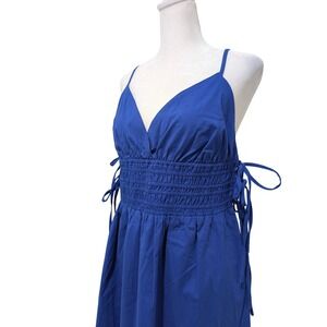 Blue Smocked Side Tie Open Back Summer Beach Lounge Resort Vacation Midi Dress L